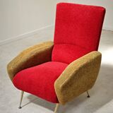 Red and mustard yellow fabric armchair in 1970s style