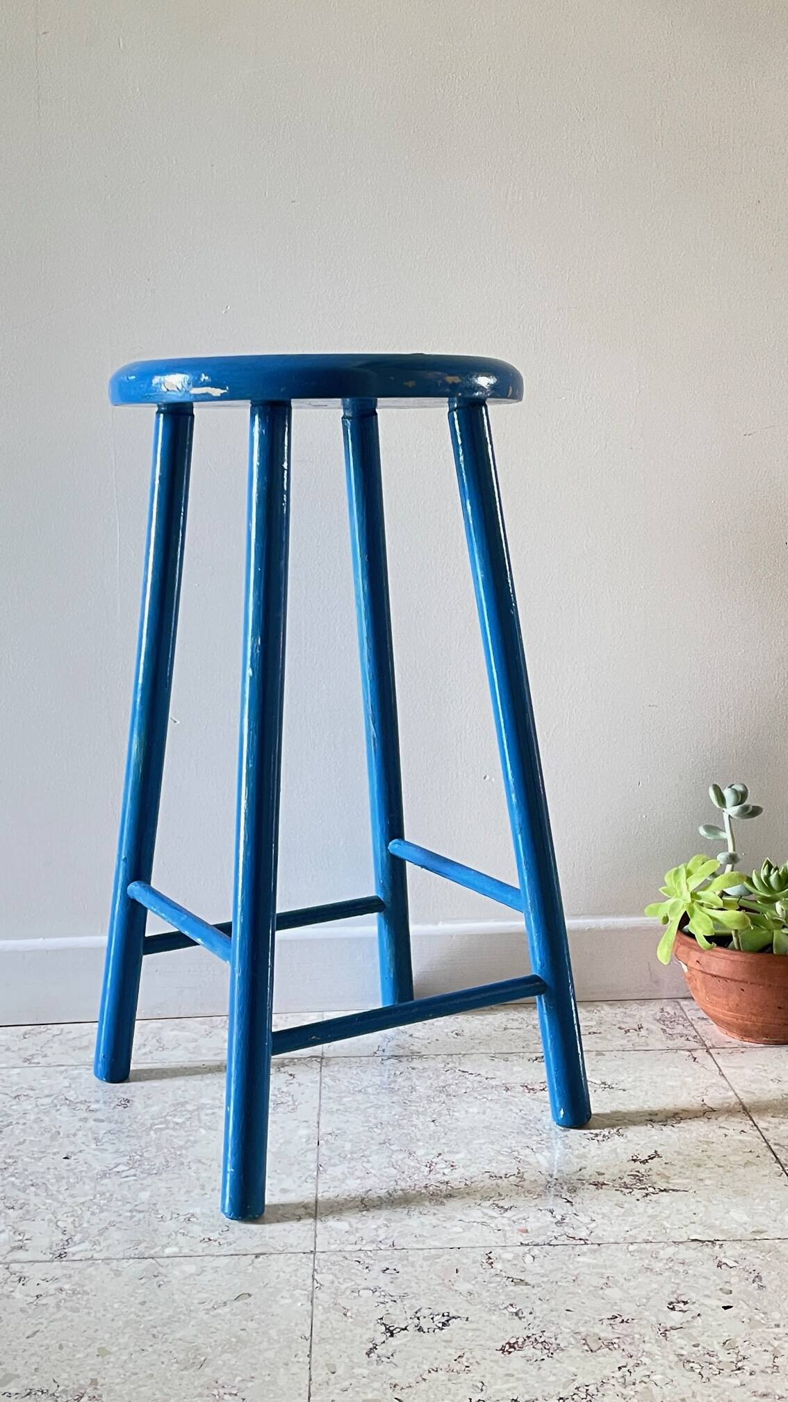 TABOURET Vintage Bois BLEU Electrique