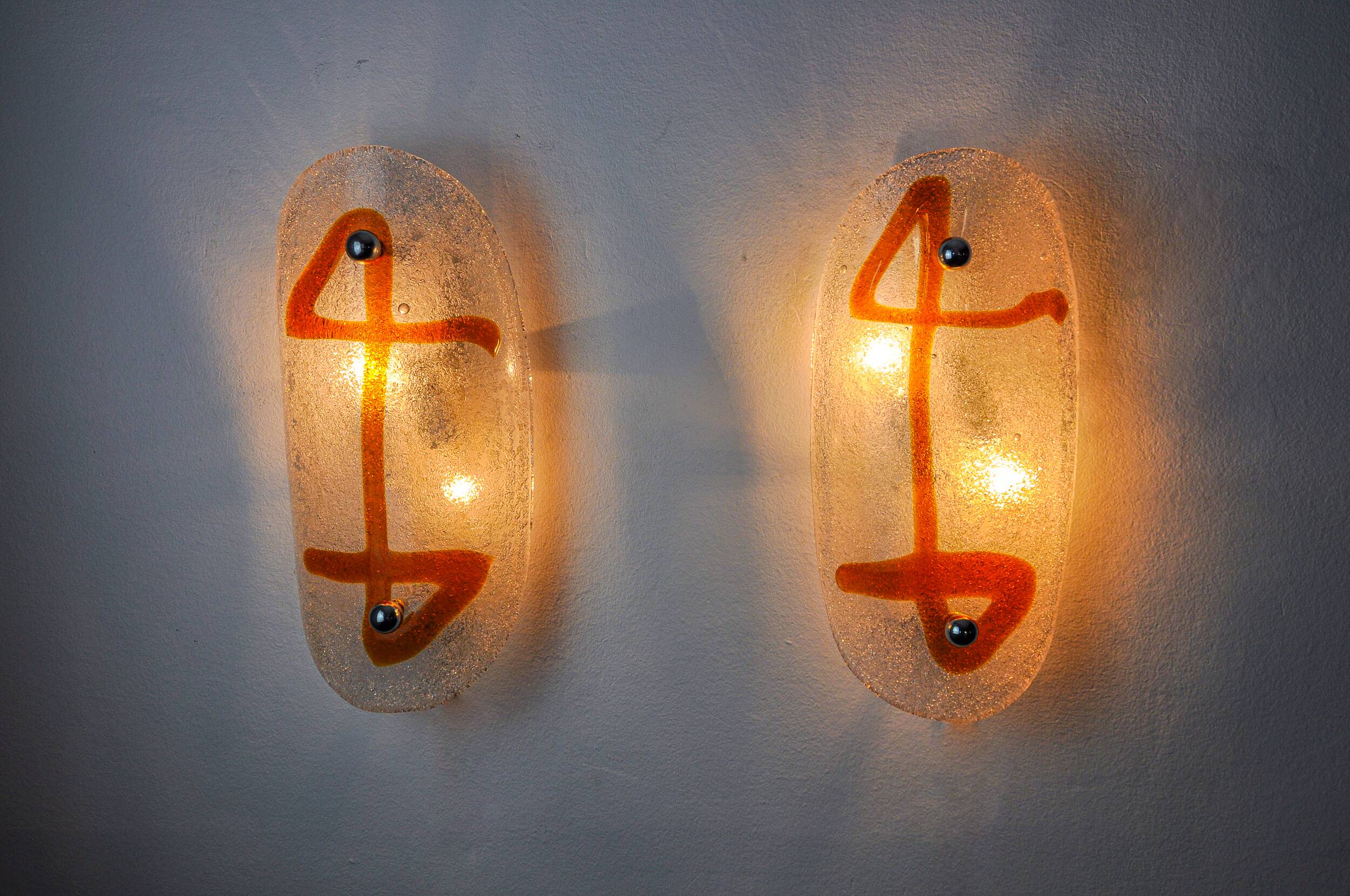 Pair of XL wall lights by Murano Mazzega in orange frosted glass Italy 1970