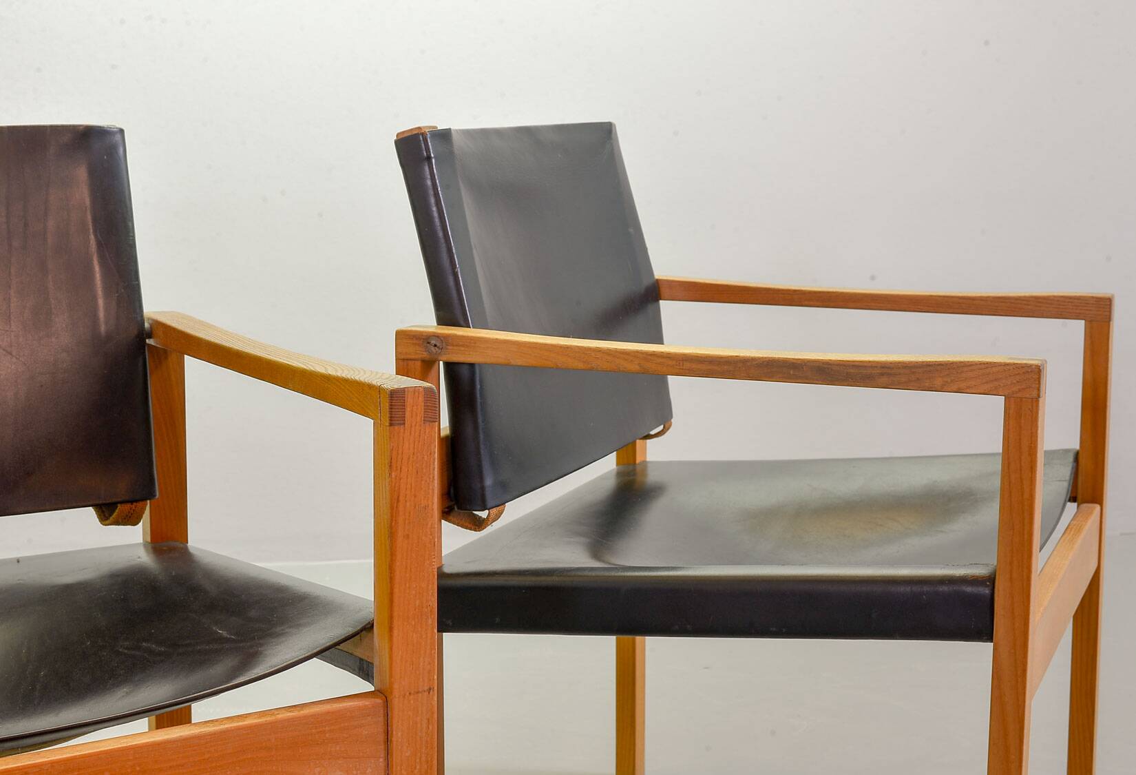 Brutalist Nordic Scandinavian Solid Oakwood and Black Leather Armchairs 60s