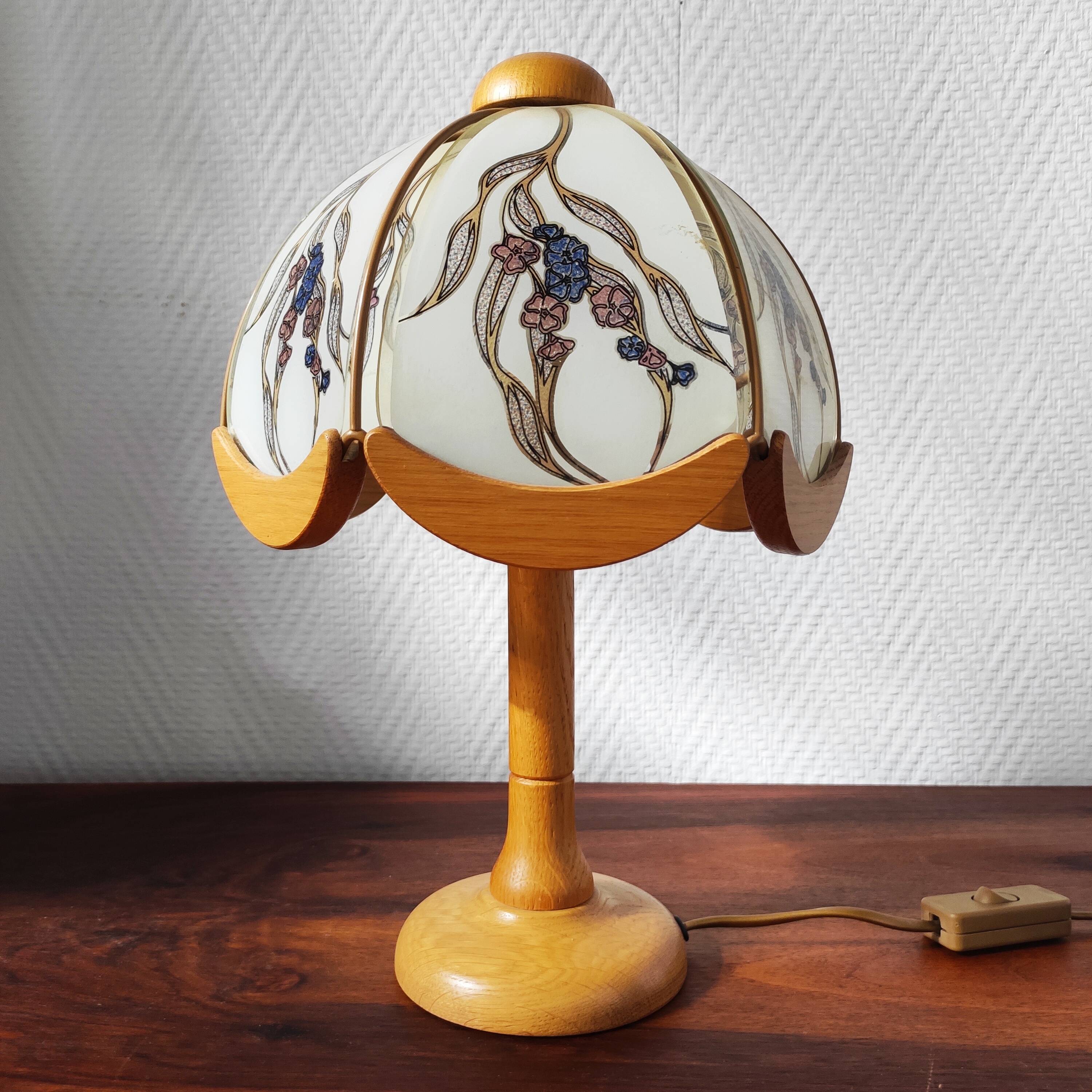 Vintage glass and wood table lamp