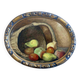 Tableau HSP vue ovale "Panier de fruits" vers 1900 sur carton cigarettes SADO