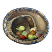 Tableau HSP vue ovale "Panier de fruits" vers 1900 sur carton cigarettes SADO