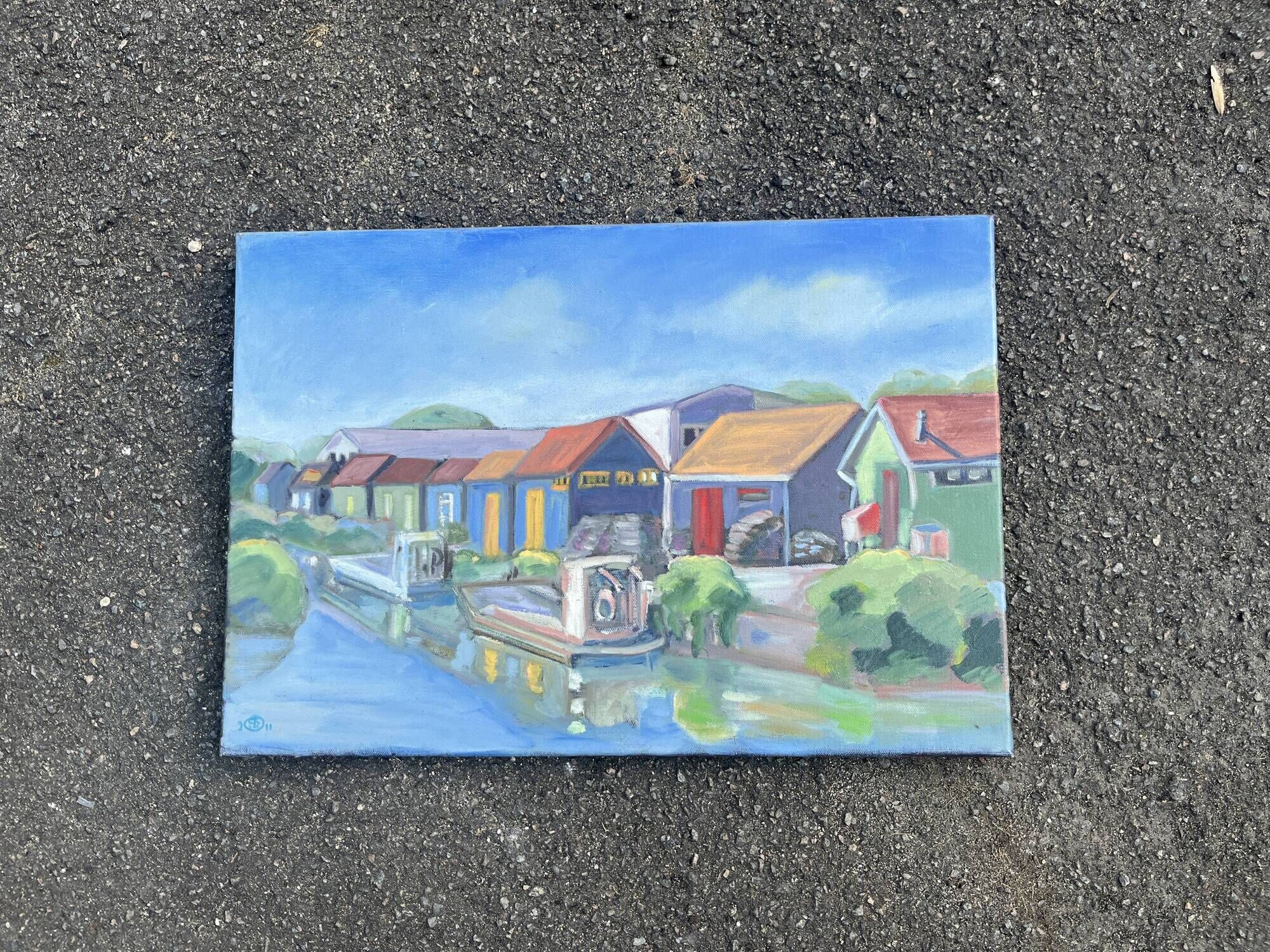 Painting signed by Esther Durand – Colourful huts by the water – Oil on
