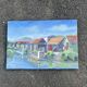 Painting signed by Esther Durand – Colourful huts by the water – Oil on