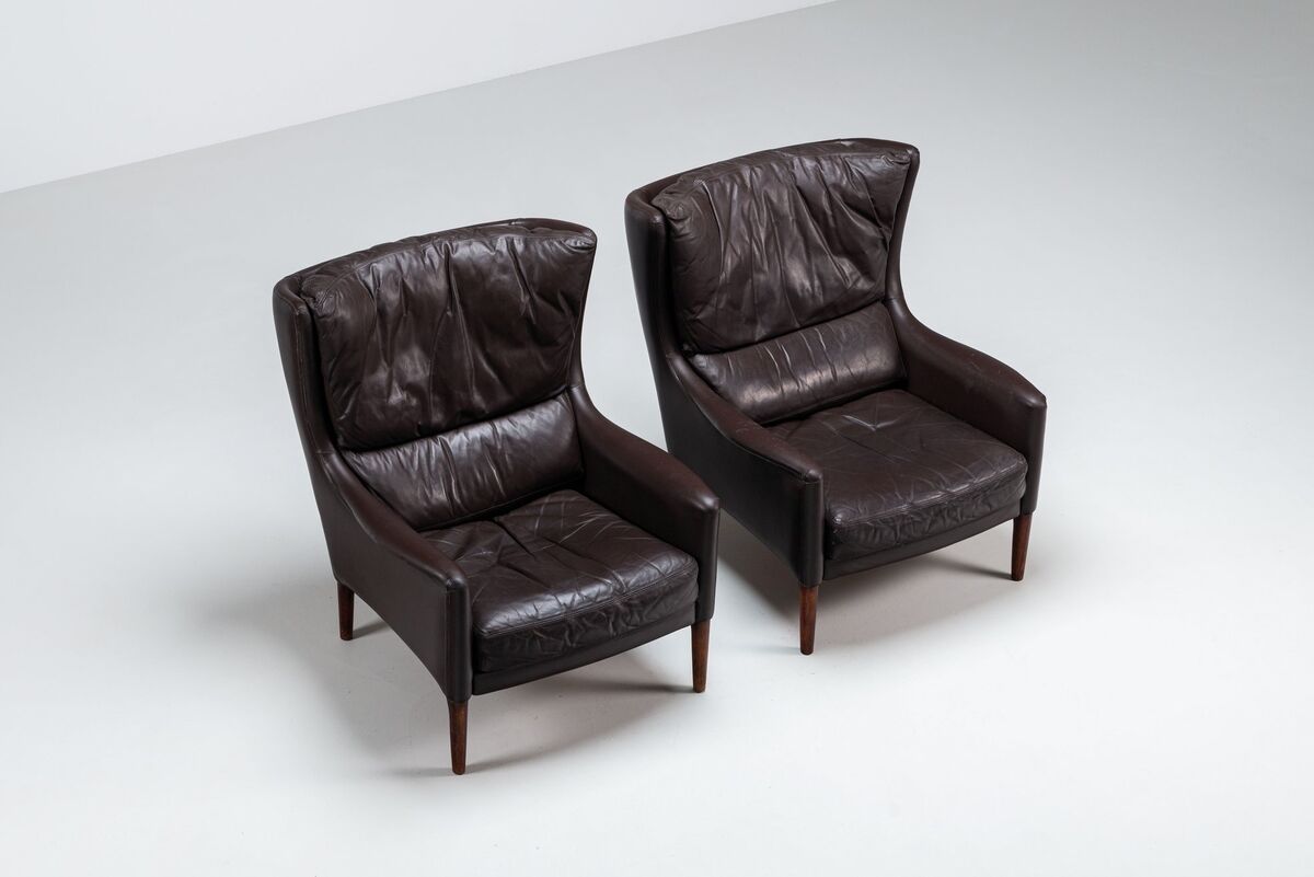 Pair of Durlet lounge chairs brown leather Belgium 1960