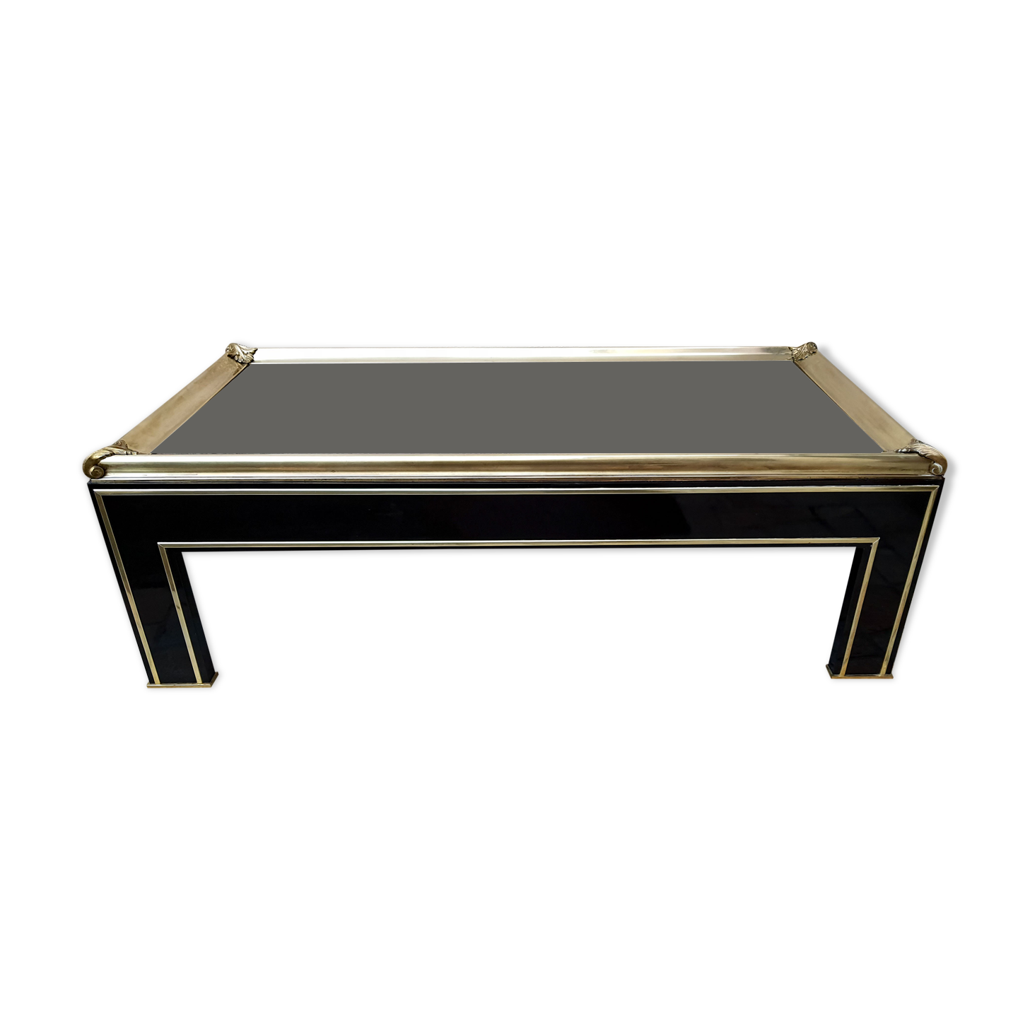 Table basse 1980 laquée noire laiton doré et verre 140cm