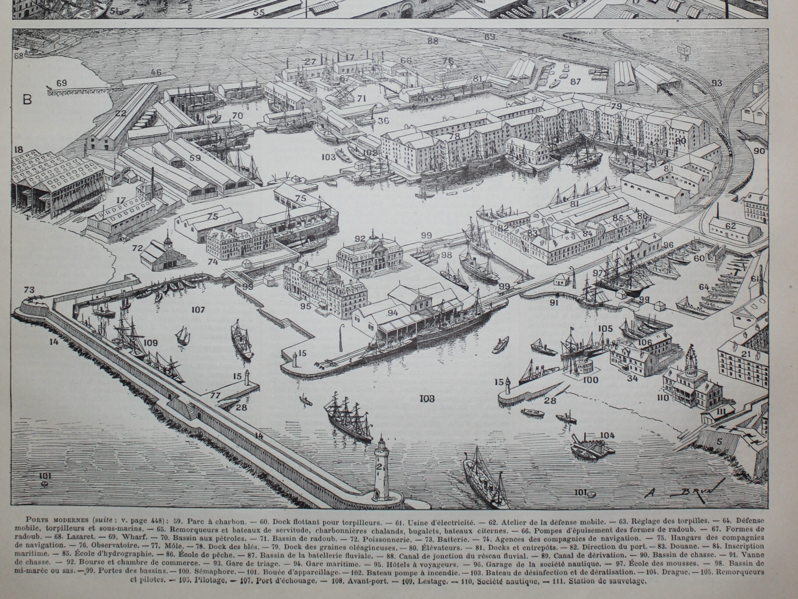 Lithograph • Old port 2, boat, trade • Original engraving from 1898