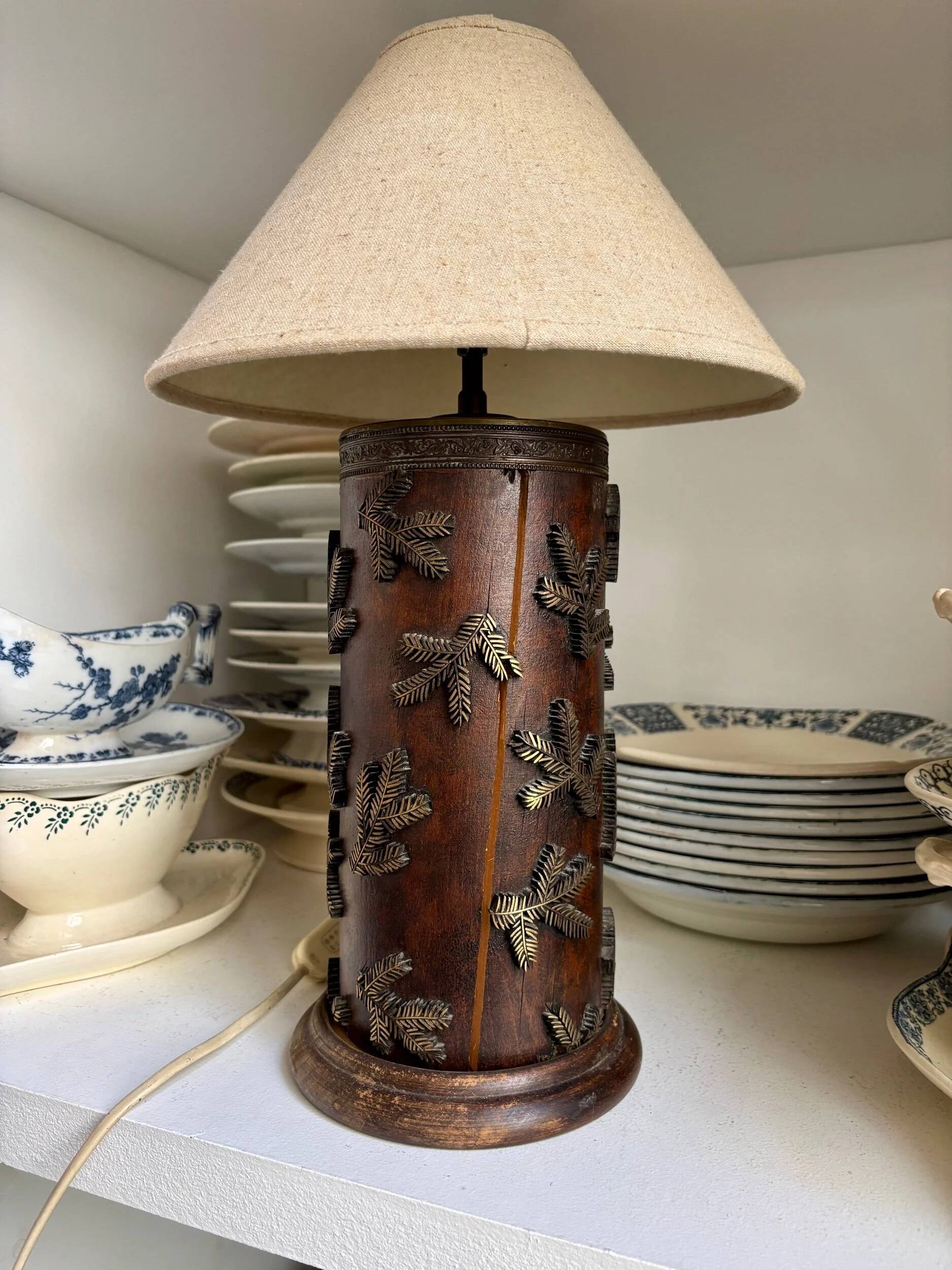 Dark wood and beige cotton block print table lamp