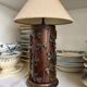 Dark wood and beige cotton block print table lamp