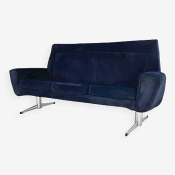 Canapé style scandinave des années 50 - 60 en tissu bleu et piètement chromé