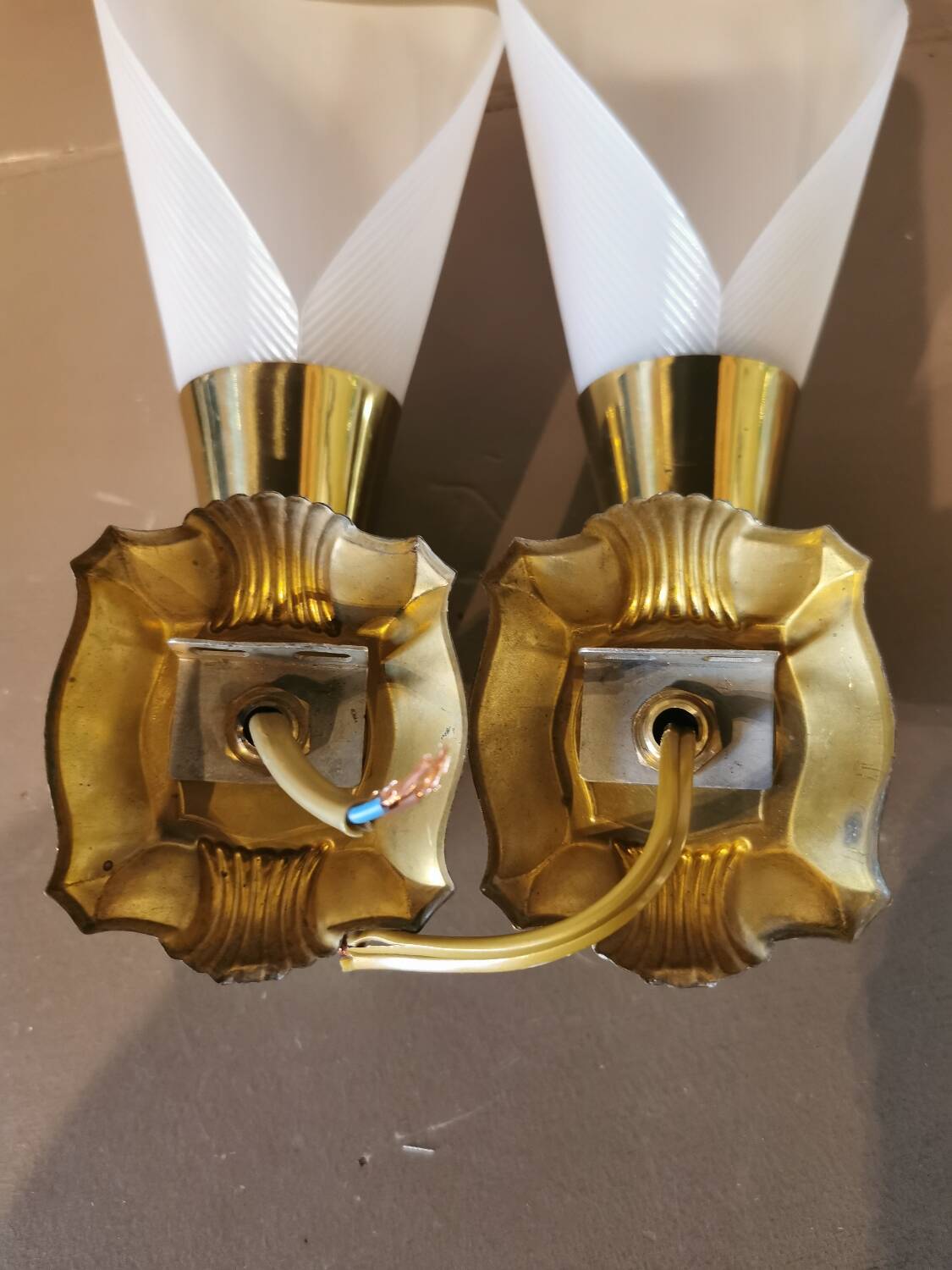 Pair of vintage brass and acrylate wall lights