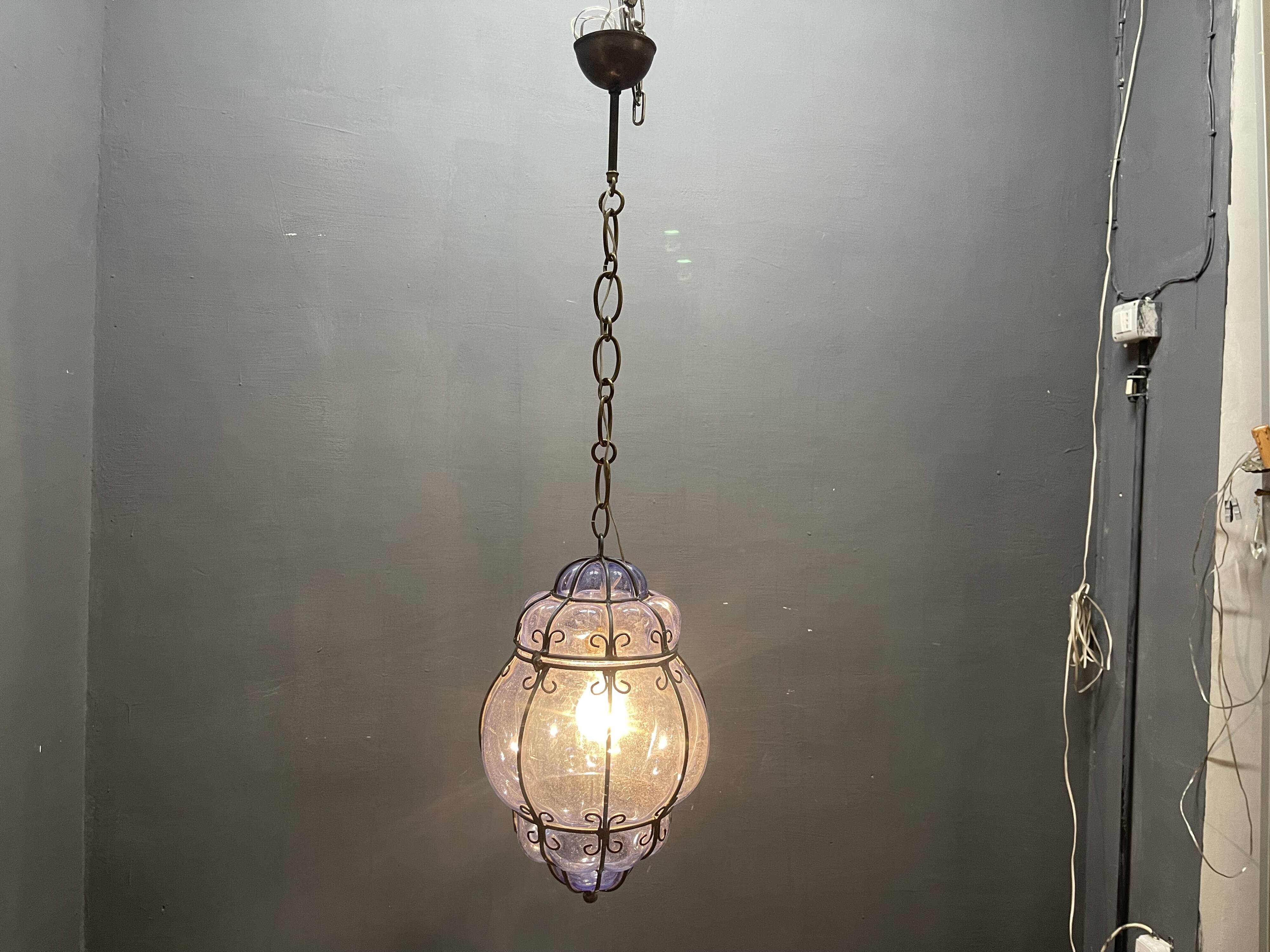 Wrought Iron Blue Murano Glass Light Pendant 1980’s