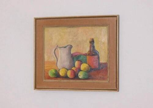 Swedish Oil on Board “Still Life with Jug,Bottle and Fruit” By CW Framed 60×51cm