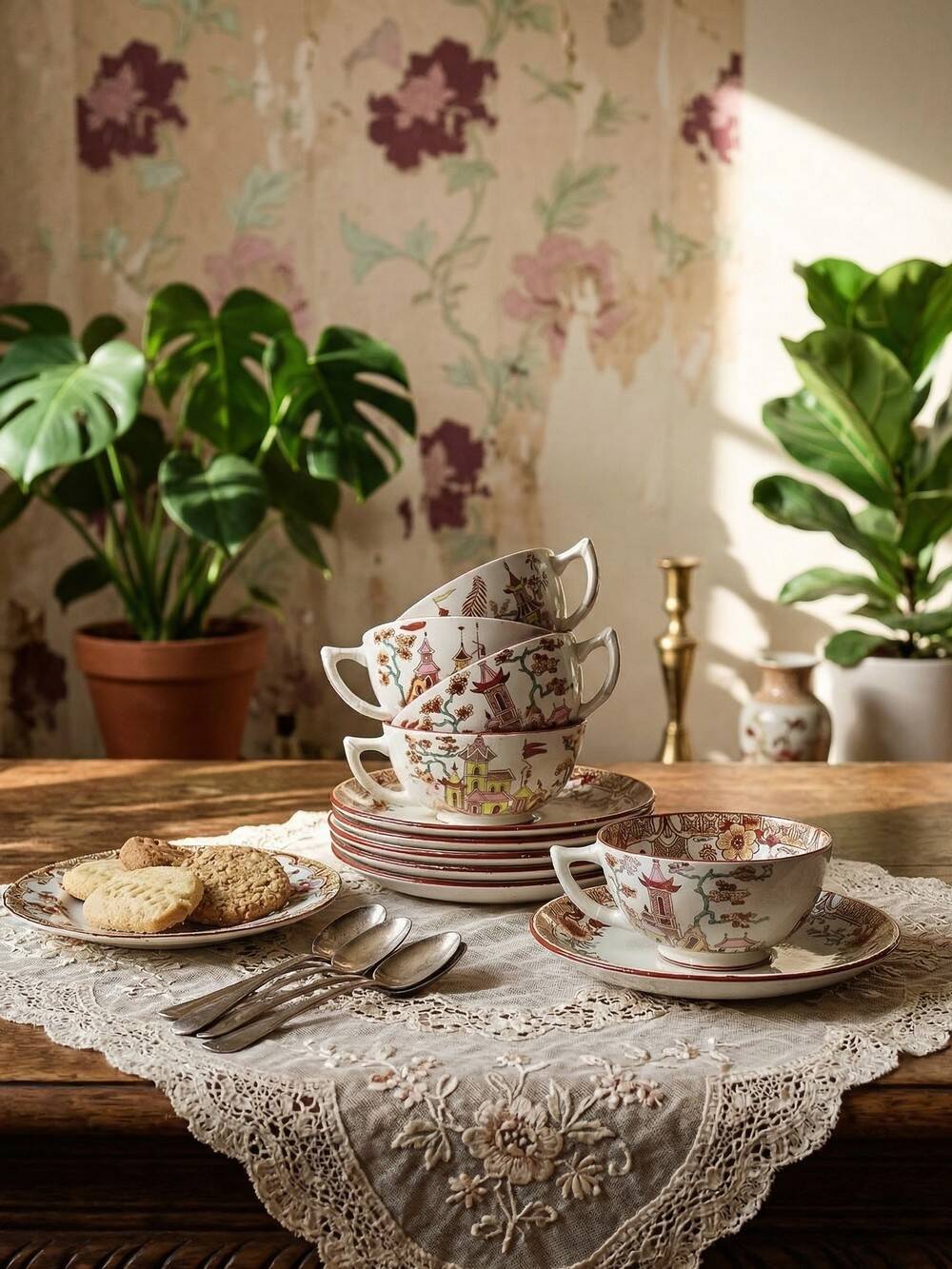 Sarreguemines tea service - Kyoto - antique 5 cups 6 saucers in Japanese style