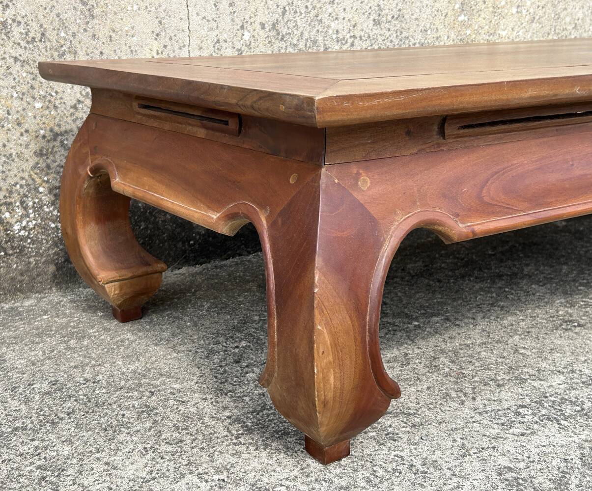 Large solid teak opium coffee table, elephant legs