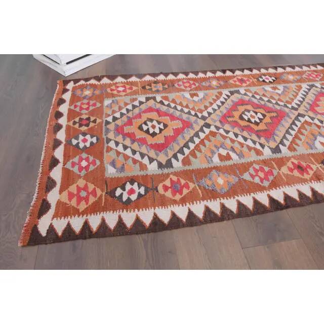 1970s vintage Turkish hand-knotted wool cotton brown runner rug 90x286
