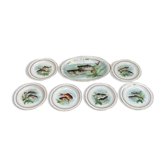 Set of six plates and fish serving dish