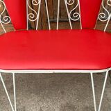 Vintage garden set 1968 white metal and red faux leather, set of 4 (2 chairs, bench, table)