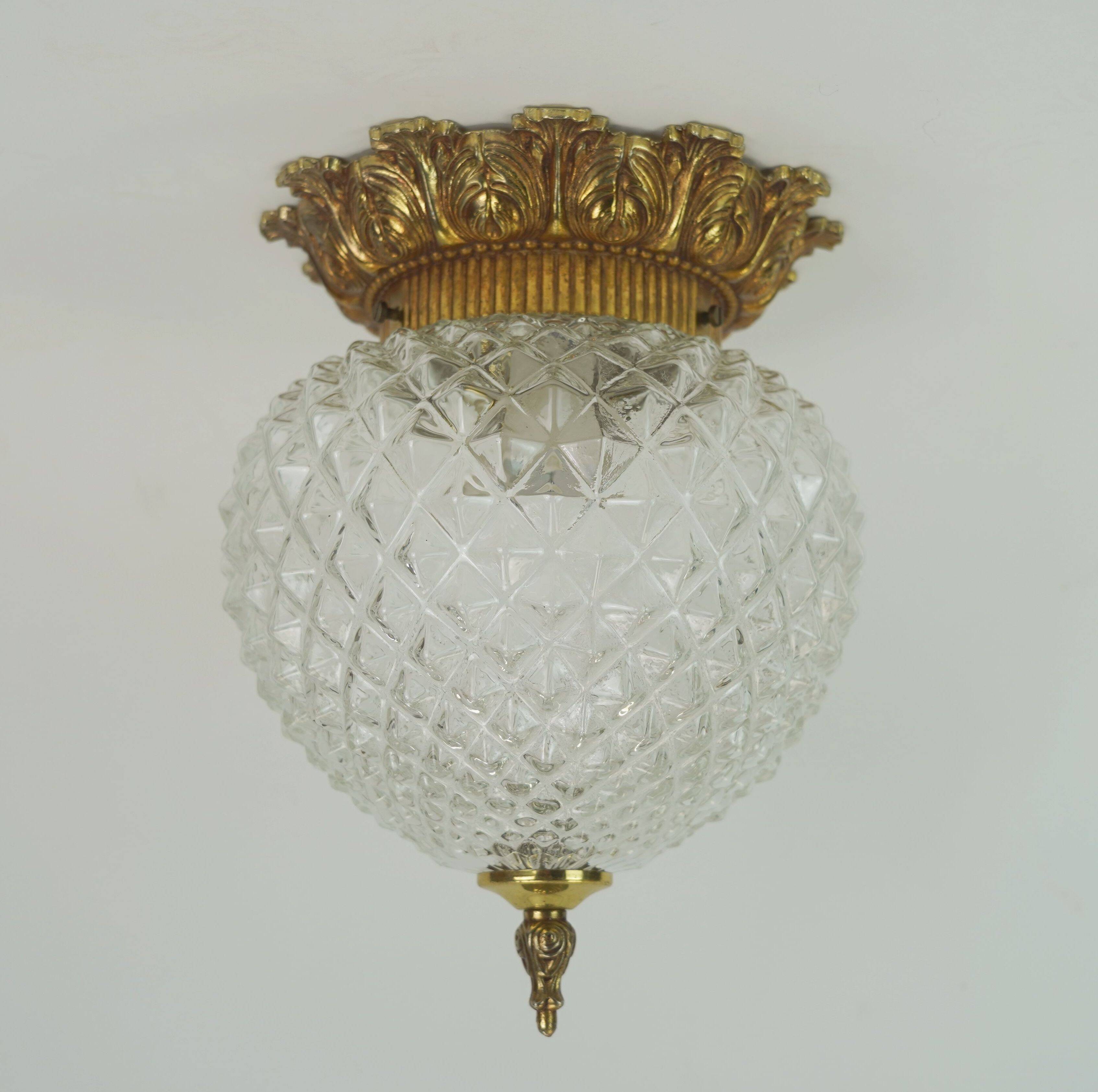 Midcentury ceiling light massive belgium textured glass gold-plated alu 70s