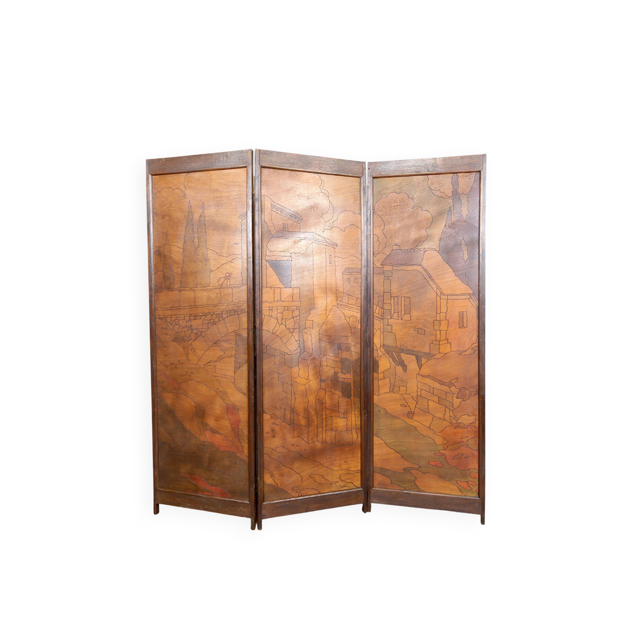 Pyrographed Screen, Mediterranean Medieval Town, Art Nouveau/Deco, 1930