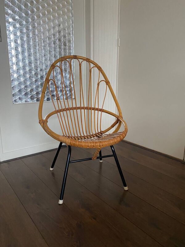 Fauteuil en rotin et acier du milieu du siècle par Rohé Noordwolde, années 1950