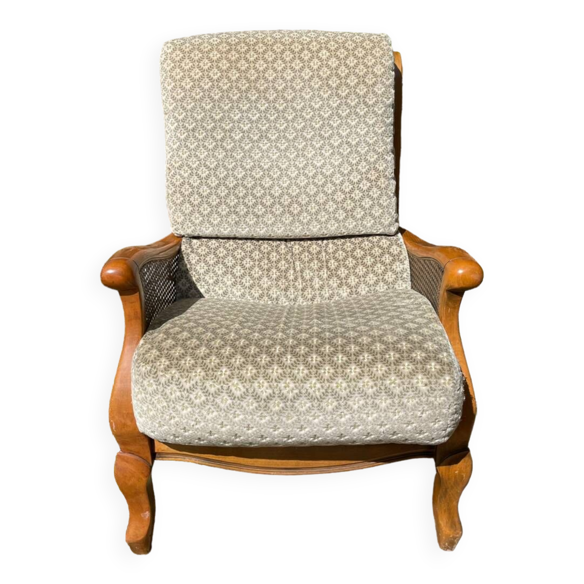 Armchair in wood, cane and velvet