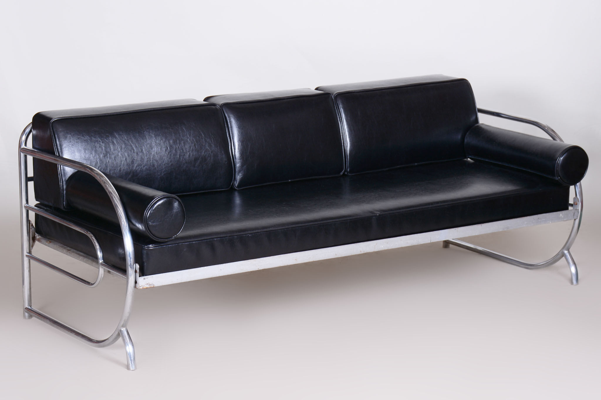 Restored Black Bauhaus Sofa, Designer Robert Slezak, High-Quality Leather, 1930s