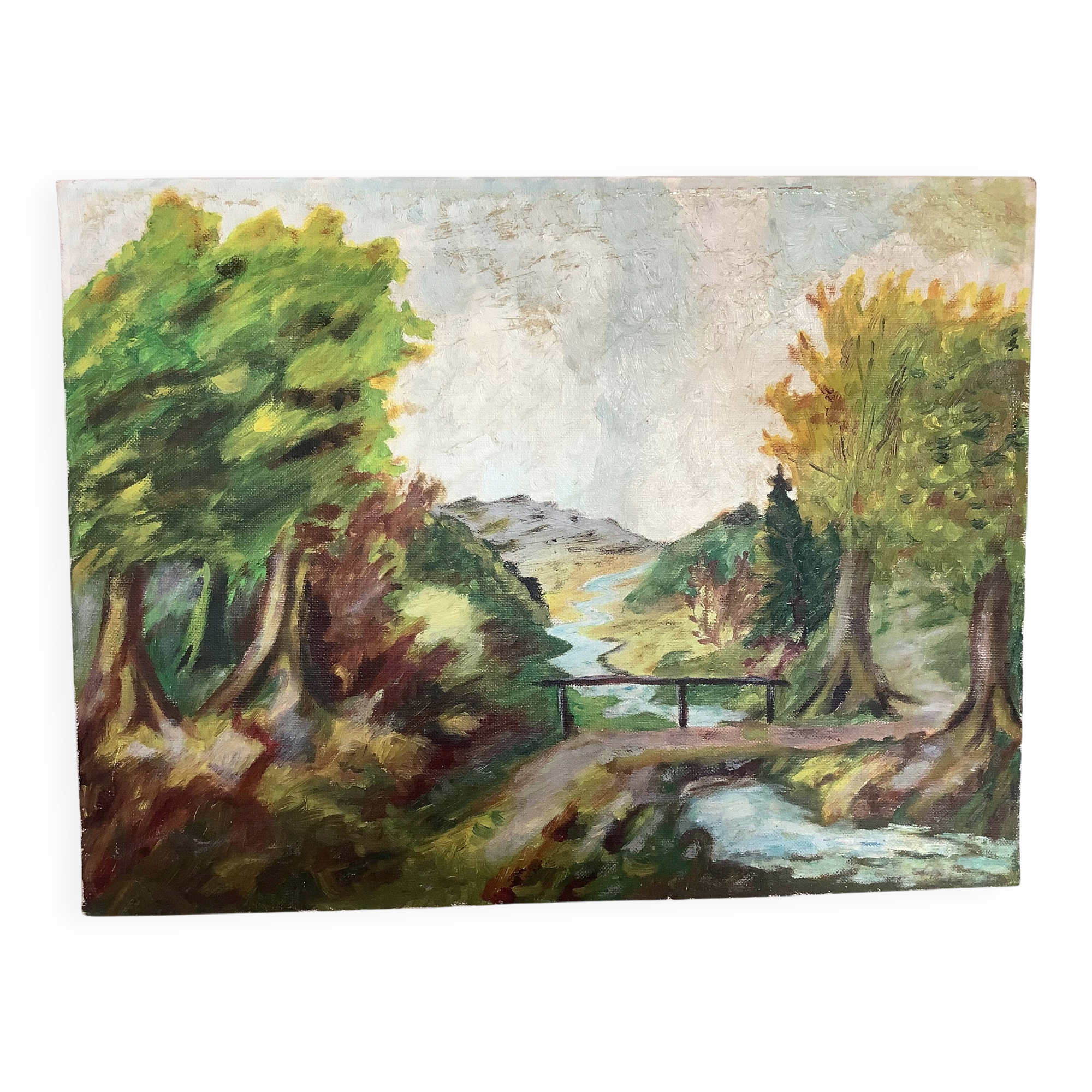 Landscape painting with a small bridge, oil on canvas.