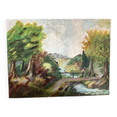 Tableau paysage avec un petit pont huile sur toile