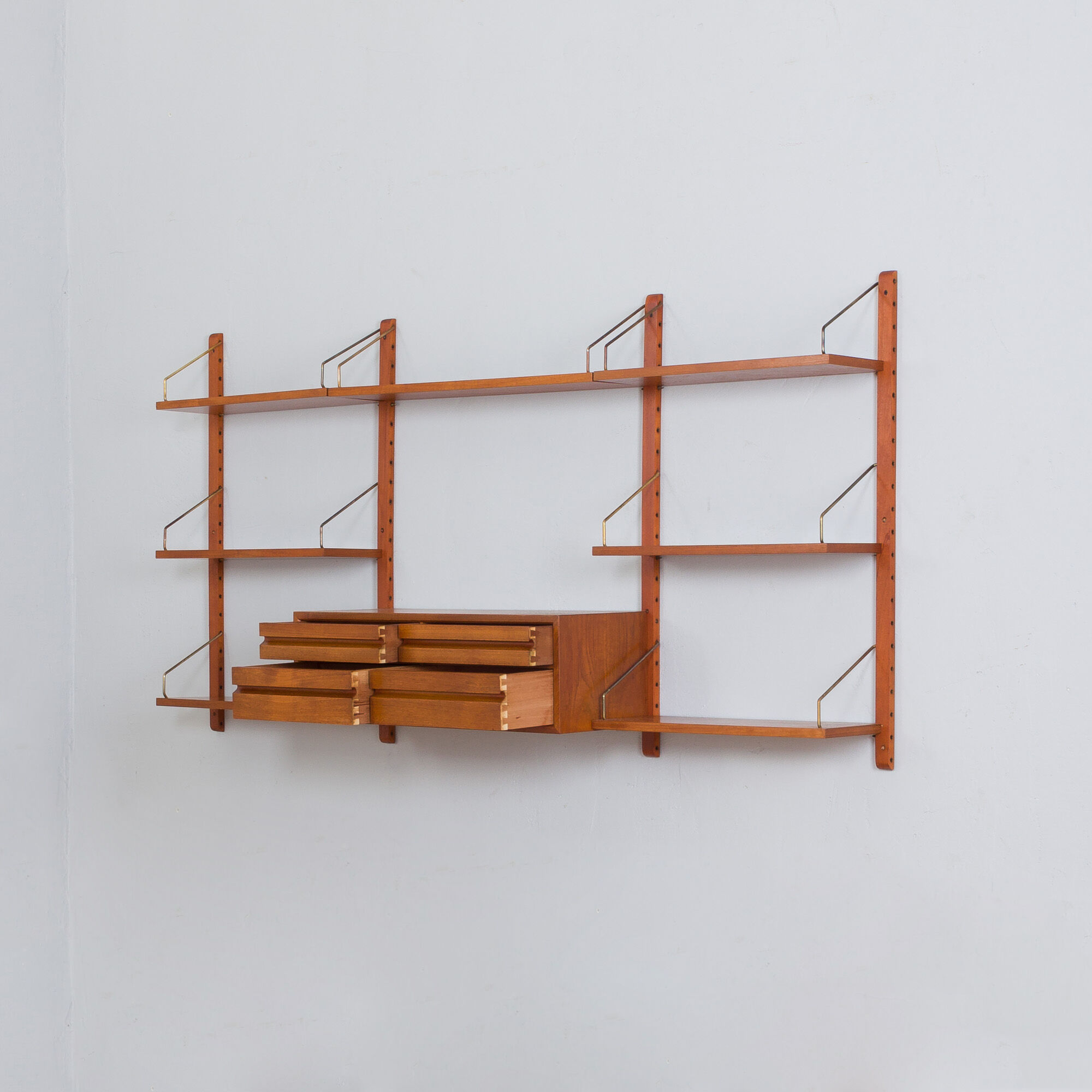 Poul Cadovius Teak dresser Wall Unit With a chest of drawers And 7 Shelves, Denmark 1960s