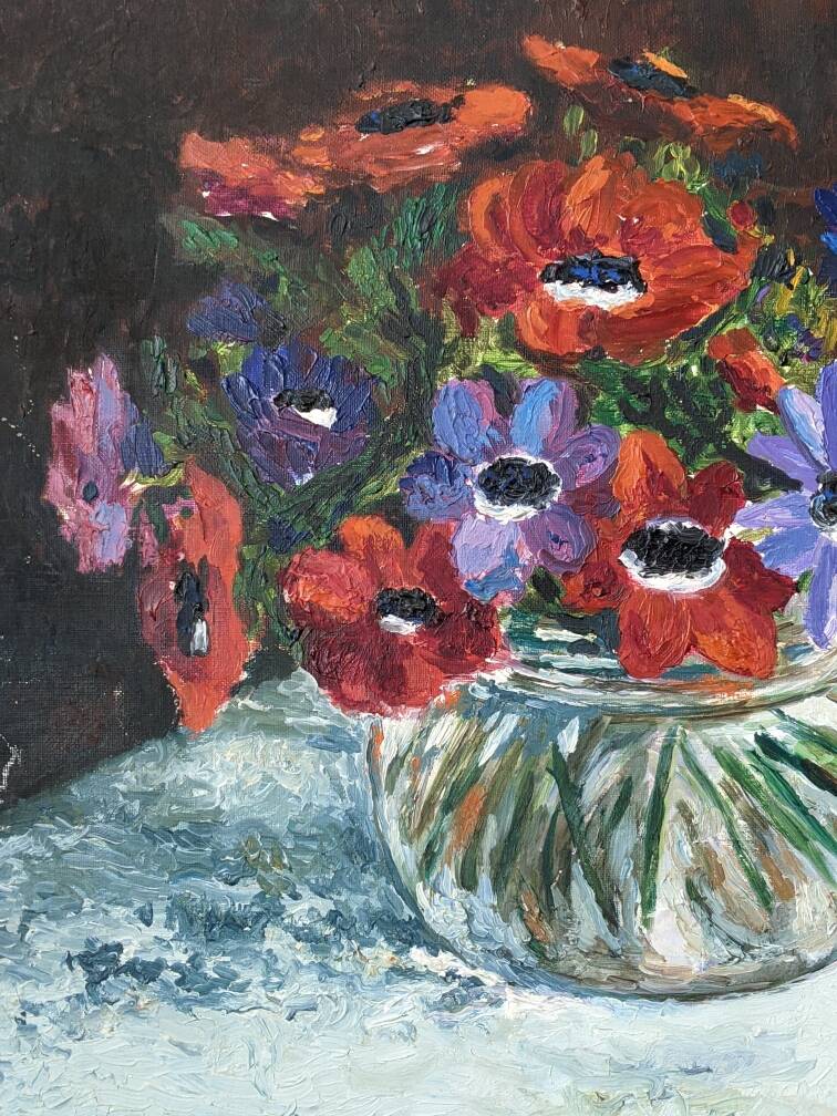 Antique painting still life old acrylic on canvas bouquet of flowers