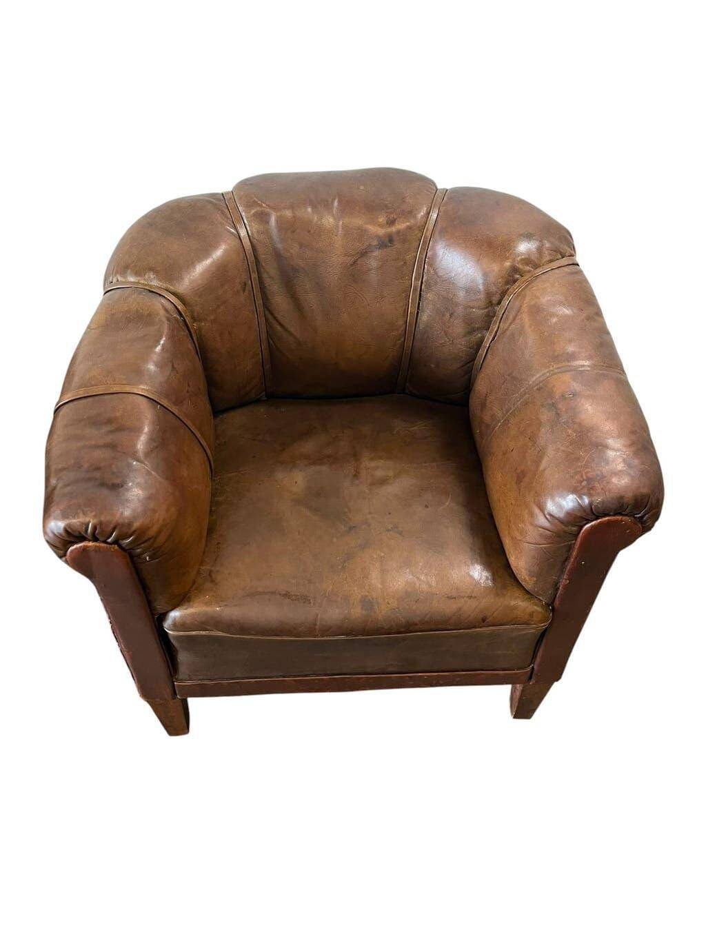 Set of 2 vintage Art Deco individual armchairs/seats in cognac leather.
