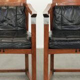 Black leather set of 2 Art Deco design dining/side chairs with armrests
