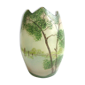 Vase ovoïde "oeuf cassé" verre émaillé paysage lacustre avec de grands arbres: legras