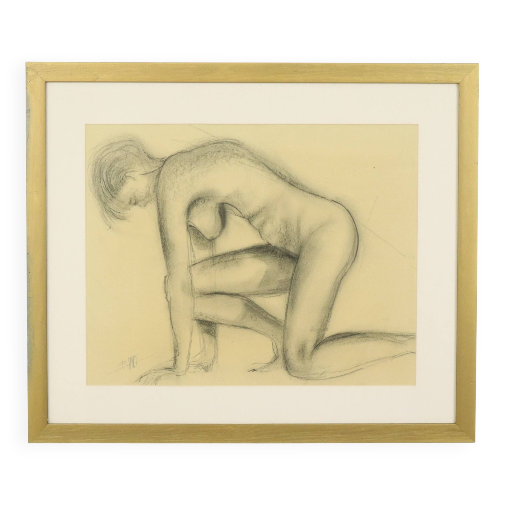 Charcoal Drawing Woman Nude Study Art Framed