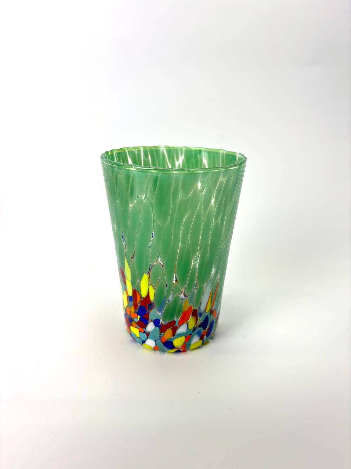Set of 6 blown glass glasses with coloured Murano granules.