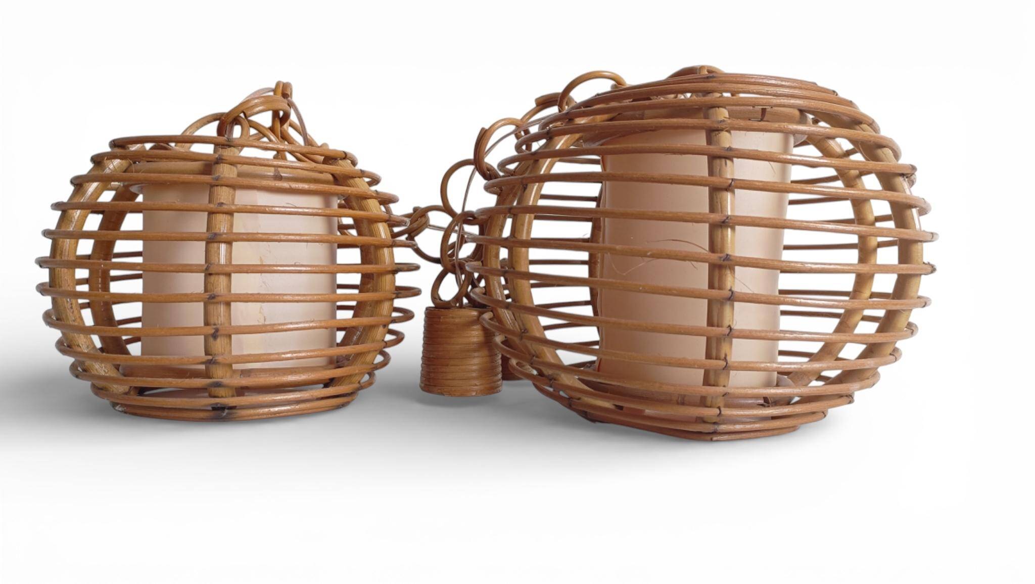 Mid-Century Globe Pendant Lamps, Bamboo & Rattan, c. 1960s