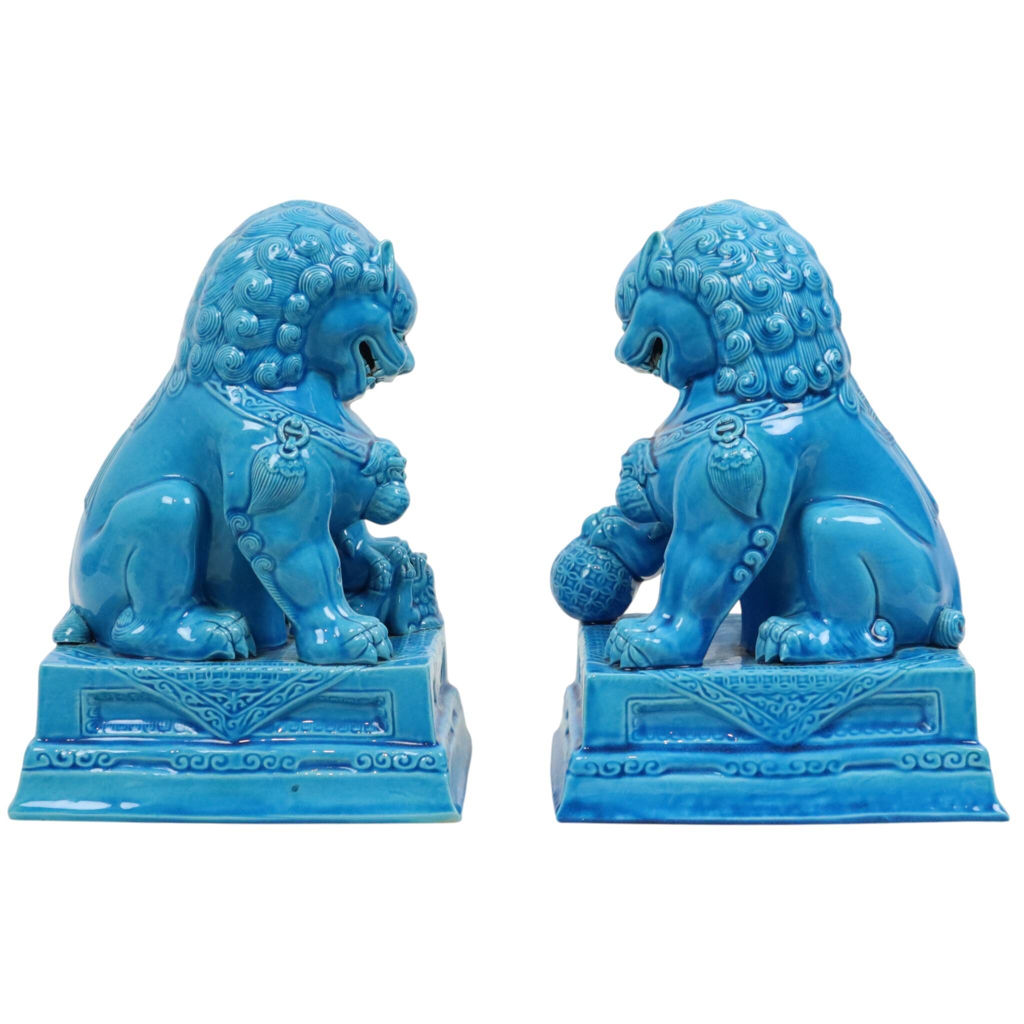 Large Temple Lion Statues Foo Dogs Blue Porcelain 25cm