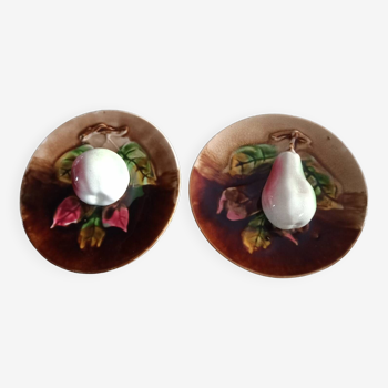 Pair of Orchies apple and pear slip plates
