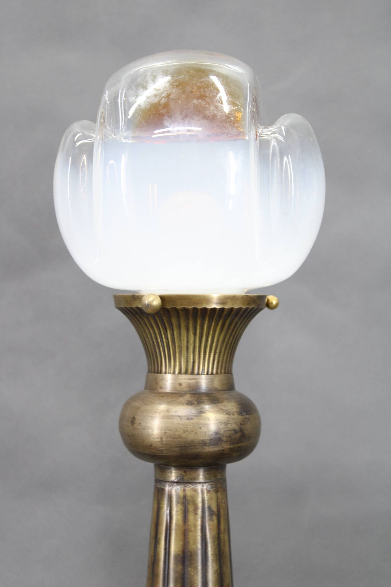 1940s Pair of Italian Restored Brass Table Lamps with Glass Shades
