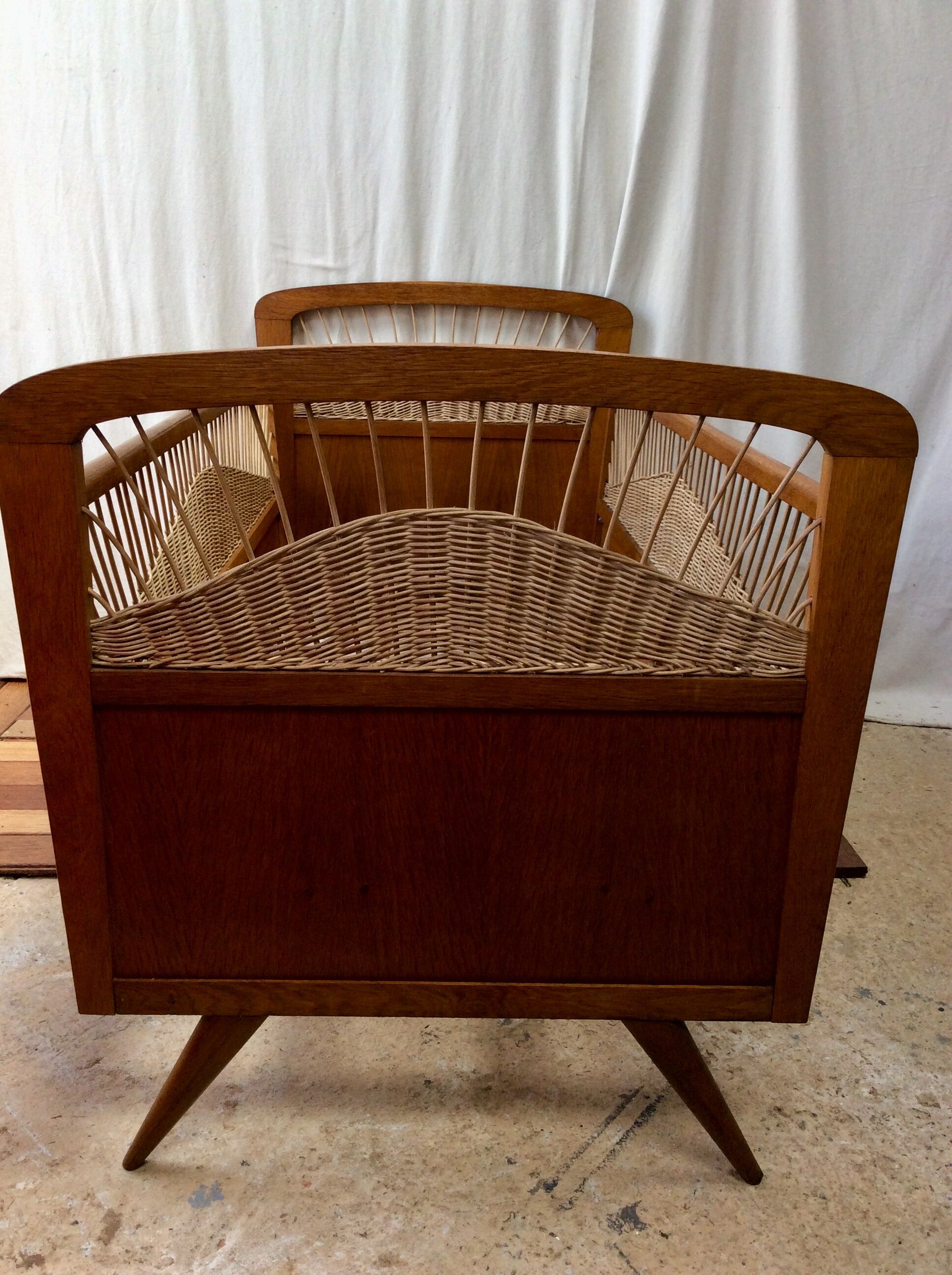 Baby bed rattan and wood vintage 50s