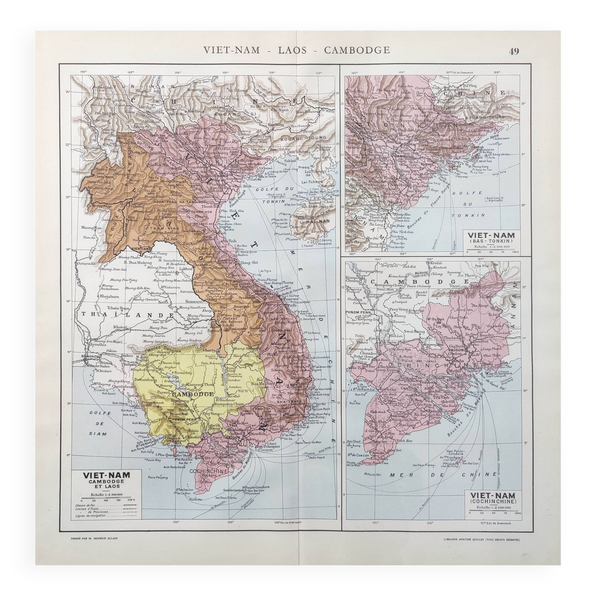 Old map Vietnam Laos Cambodia Asia 43x43cm from 1950