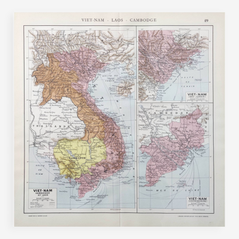Old map Vietnam Laos Cambodia Asia 43x43cm from 1950