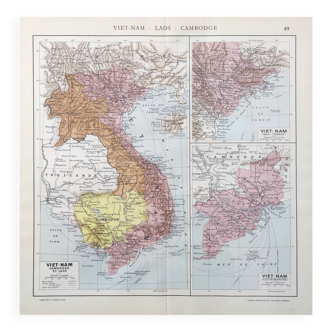 Carte ancienne Vietnam Laos Cambodge Asie 43x43cm de 1950