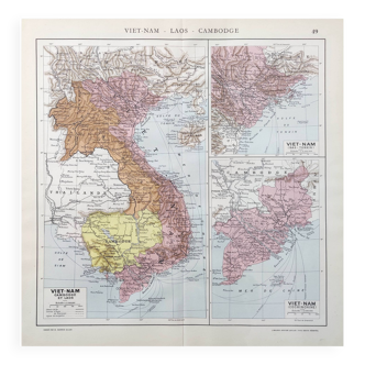 Old map Vietnam Laos Cambodia Asia 43x43cm from 1950