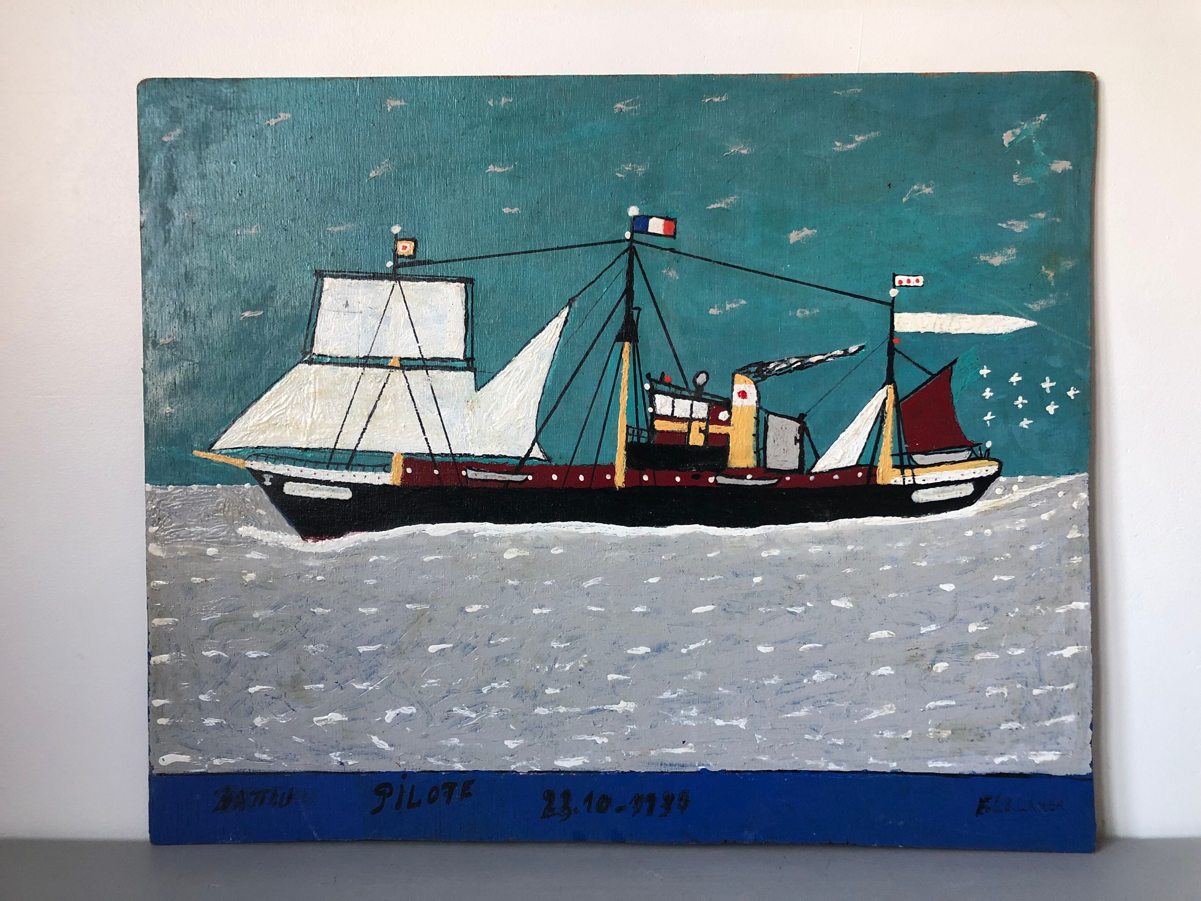 Painting oil on marine panel boat folk art naïve art 1930