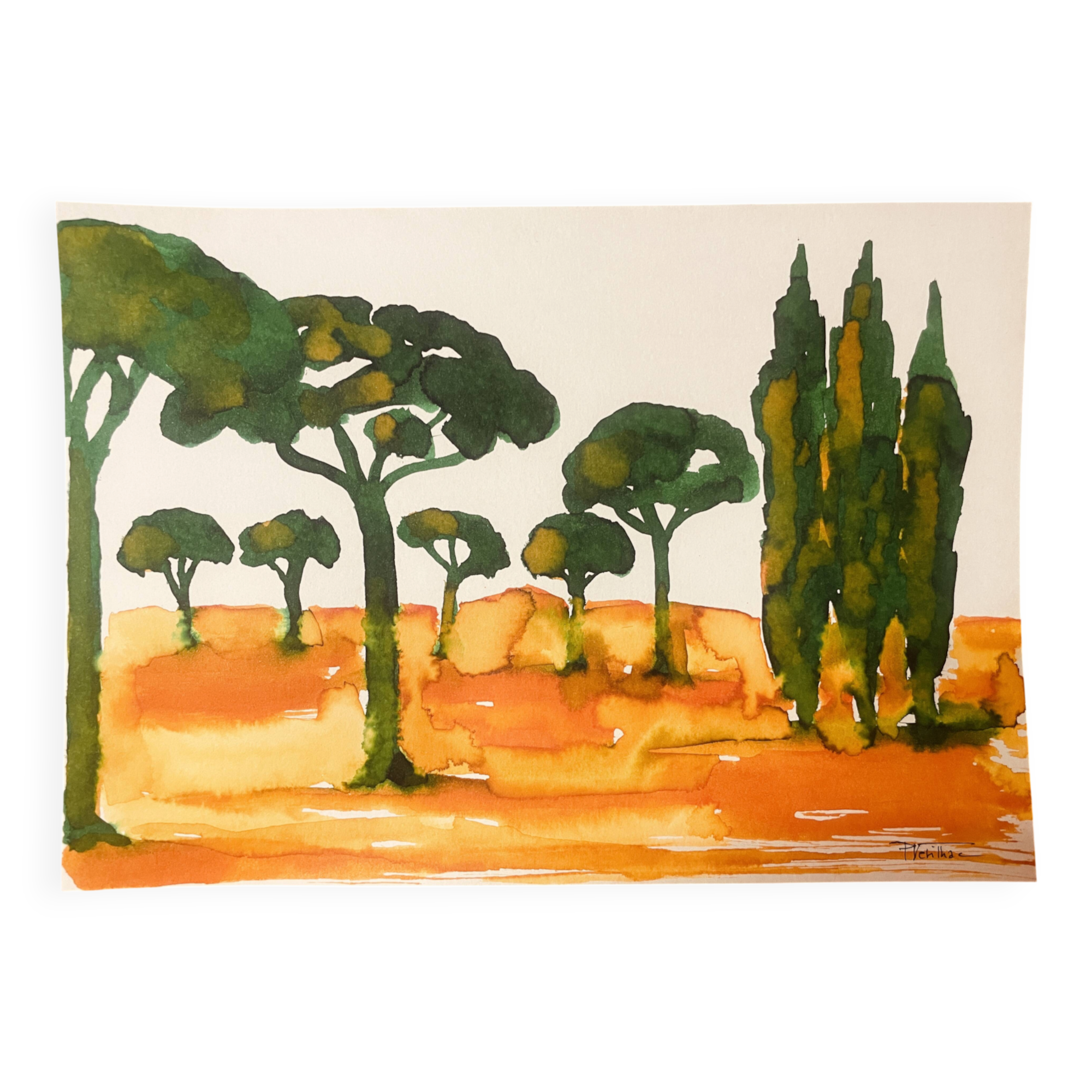 Tableau signé paysage « Lever de soleil provençal dans la pinède »