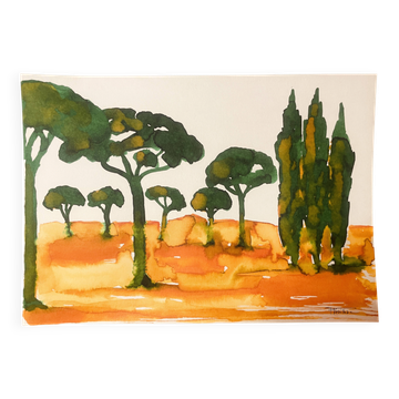 Tableau signé paysage « Lever de soleil provençal dans la pinède »
