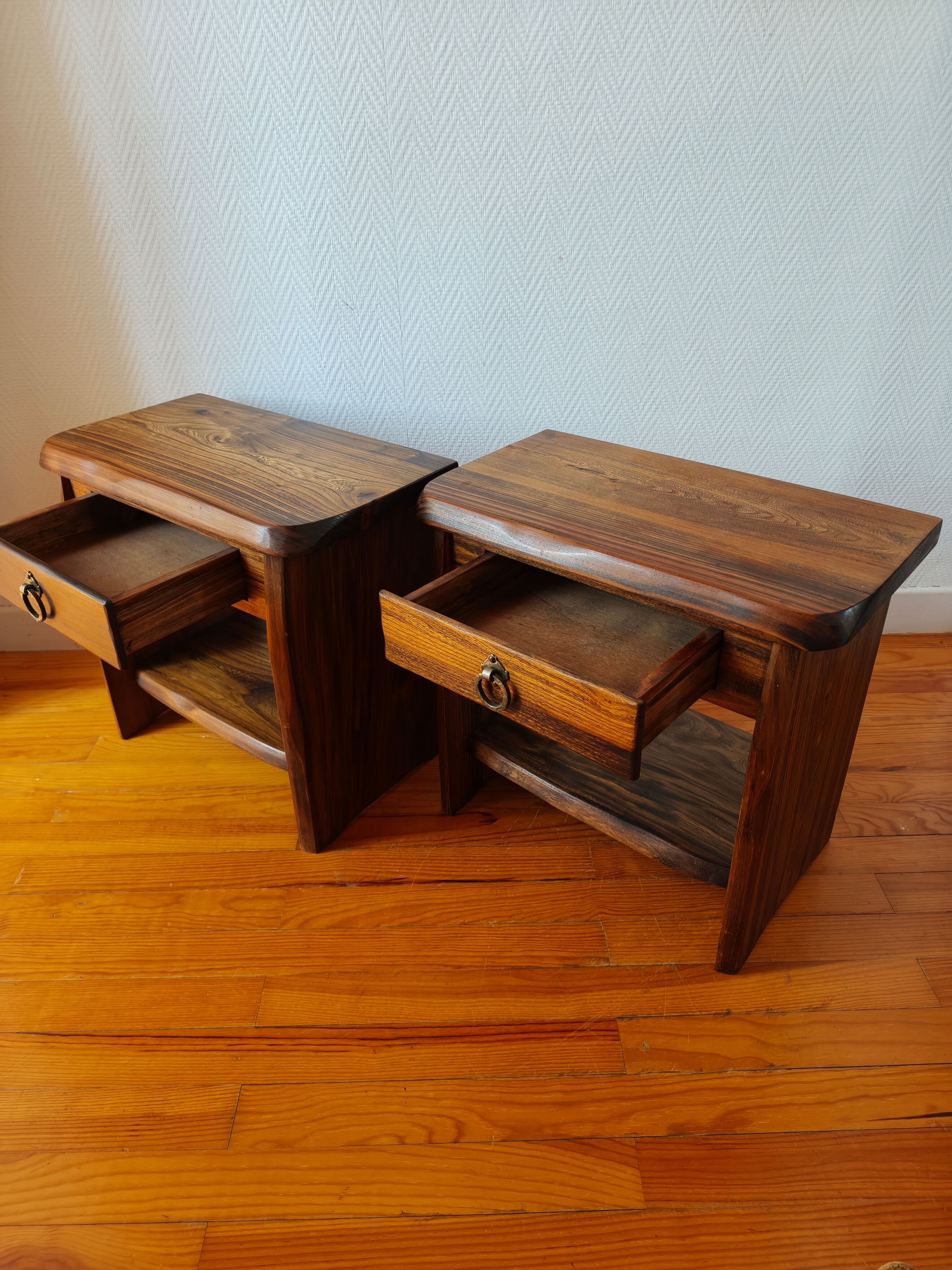 Pair of solid elm bedside tables, France 1970.